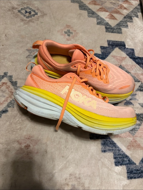 Hoka Shoes - Hoka Bondi 8 Coral Peach & Yellow Performance Running Shoes 9 B